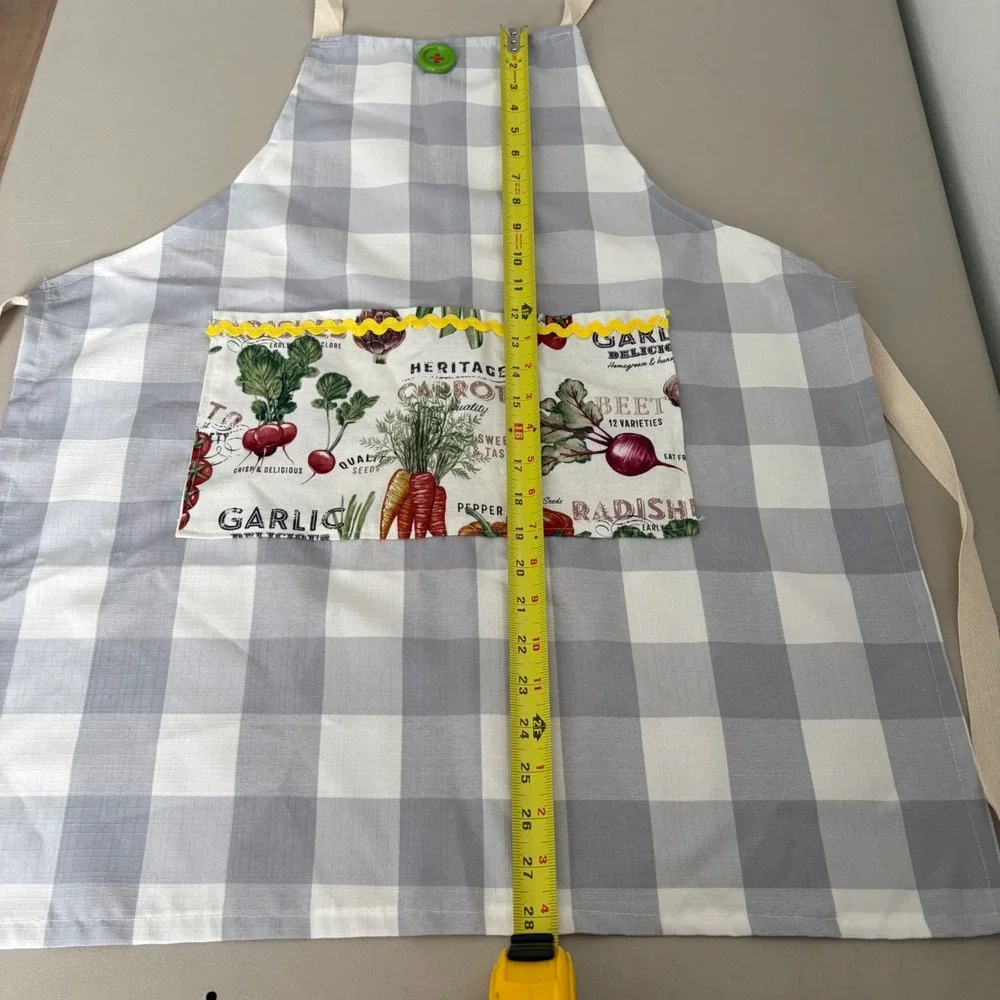 Handmade Grey Buffalo Check Kitchen Apron w Heritage Vegetable Print Pocket Trim
